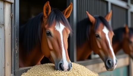 Horse eating feed in a stable