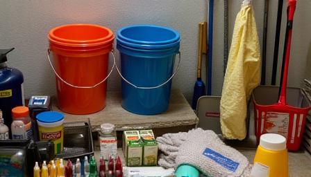 Stable supplies including buckets and cleaning tools